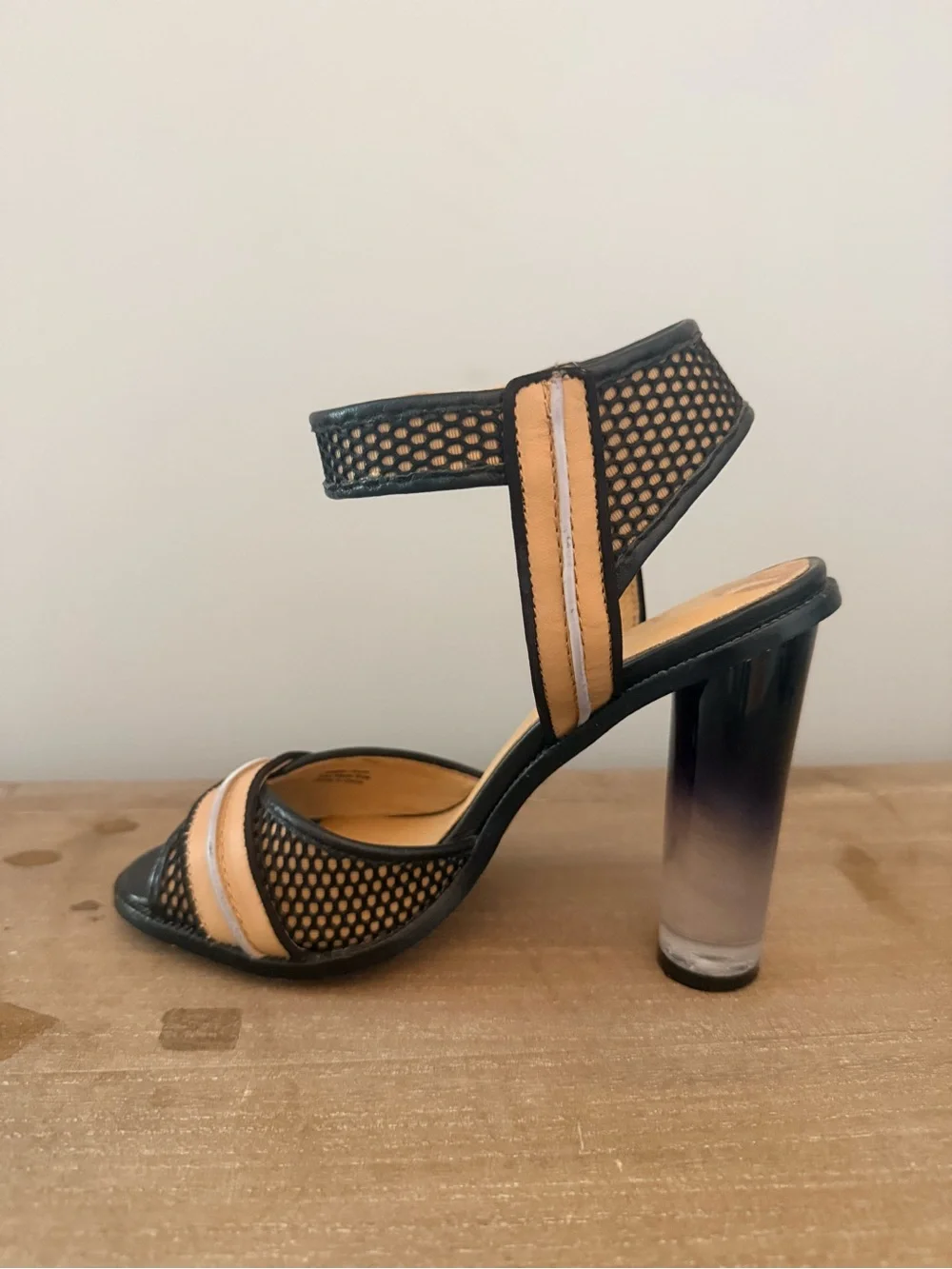 L.A.M.B. Black and Tan Mesh Ankle-Strap Block Heels